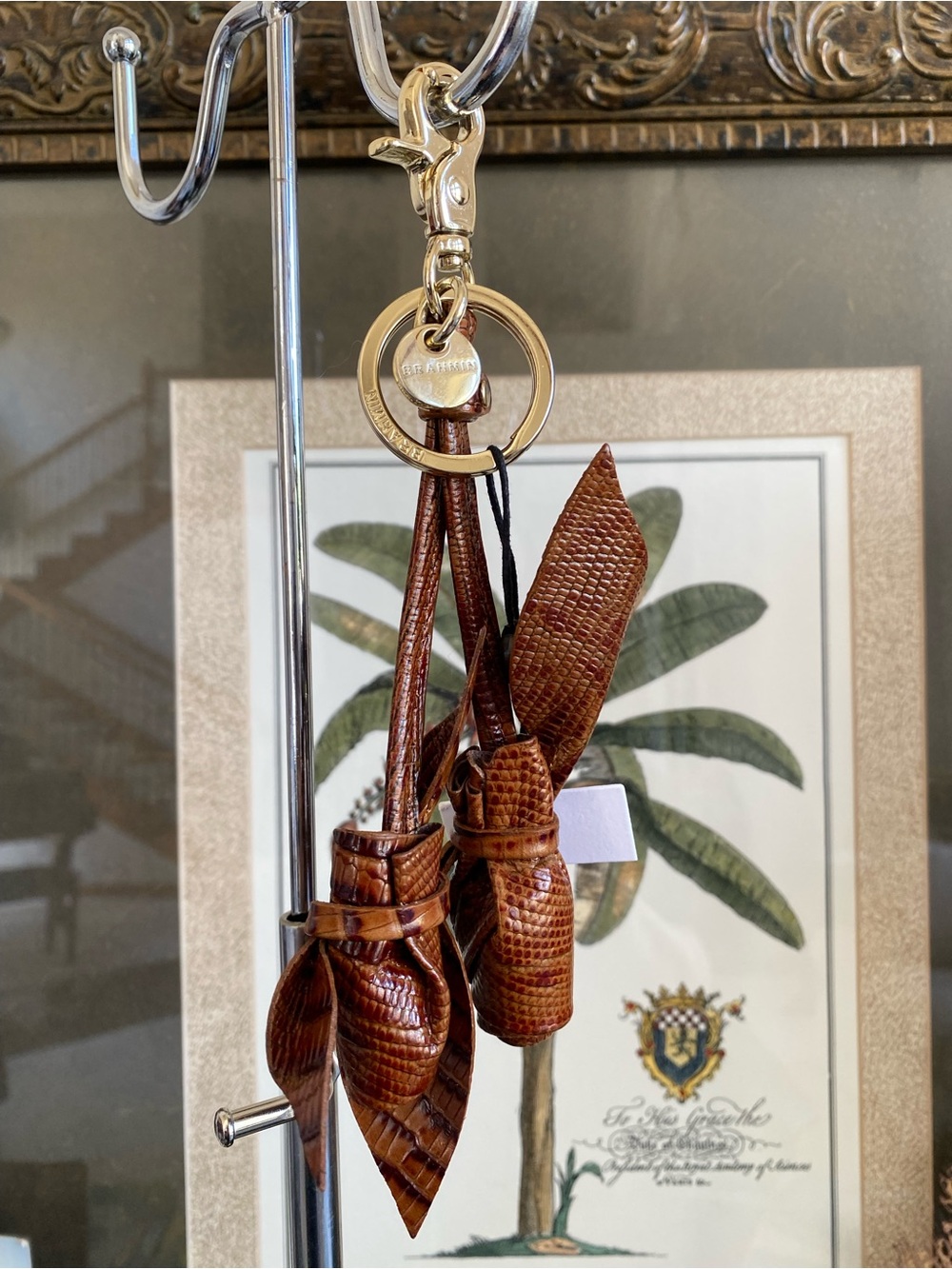 CARAMEL LIZARD EMBOSSED BRAHMIN LEATHER ROSE PAIR CLIP/PURSE CHARM
